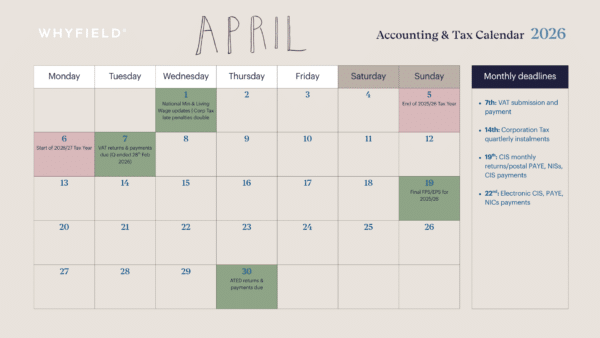 April 2026 | Accounting and Tax Calendar 2026/27 | Whyfield Accountants, Truro in Cornwall